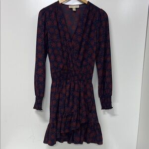 Michael Kors Dress, Mini, Blue w/Red Floral, Ruffle, L/S, V Neck, Small
